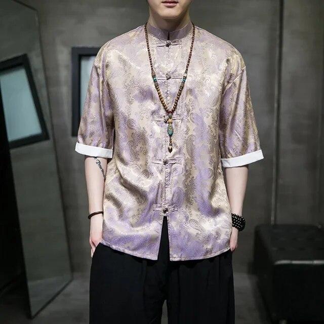 Summer Chinese Style Mens Tang Suit Fashion Solid Traditional Short Sleeve China StyleDragon Pattern Printing Shirt