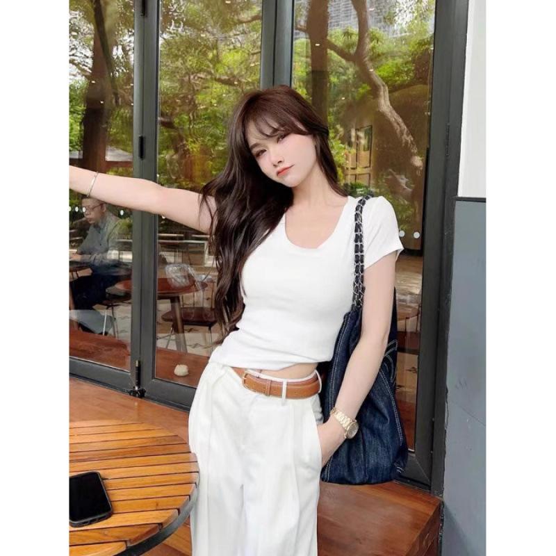 Women's Fashion Water Drop Crew Neck U-Neck Short Sleeve T-Shirt Women's Versatile Slim Skinny Top
