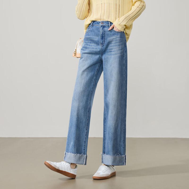 ESE-Y 2026 Spring Fade-Resistant Retro Straight-Leg Rolled Hem Jeans 26