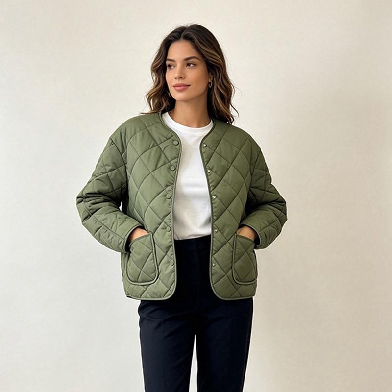 European and American style rhombus light cotton-padded clothes women's new autumn and winter casual lapel warm jacket