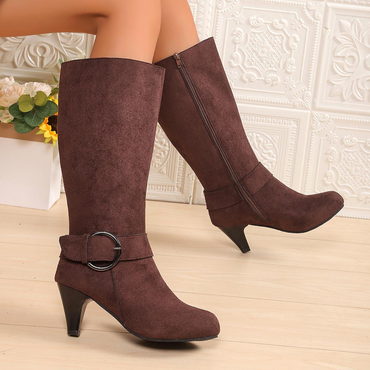 

Мода 2024 года, женская обувь больших размеров, женские сапоги до колена, новые современные сапоги, женские туфли с пряжкой на ремне, круглым носком, боковой молнией, на среднем каблуке 39 коричневый