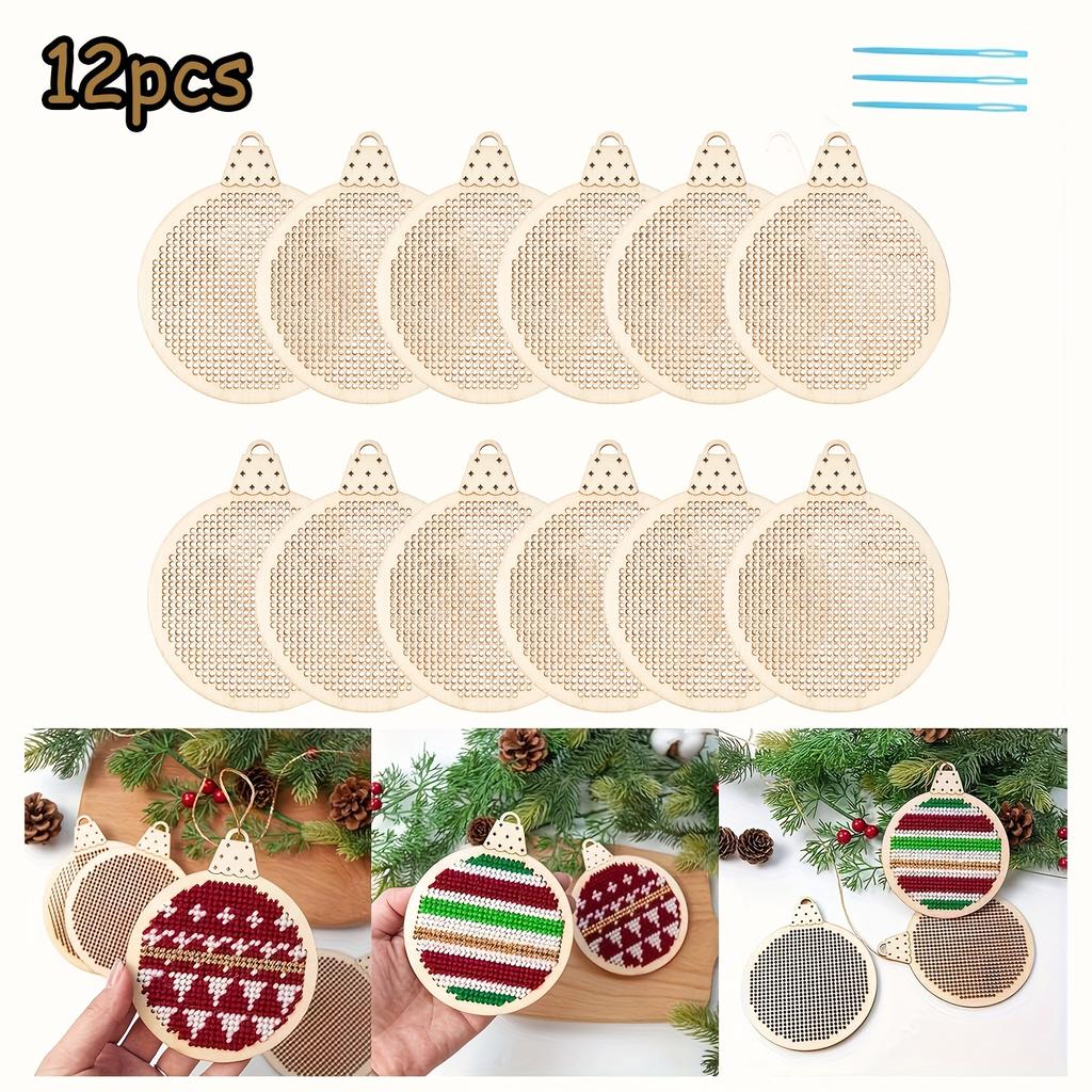 Wooden Christmas Cross Stitch Pendants, 3D Embroidery Ornament DIY Crafts, Festive Tree Decorations  Ribbon and Thread, Artistic Needlework Supplies
