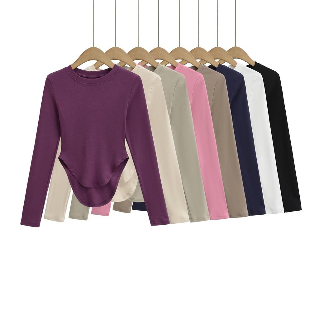 Women's Pilates Crew Neck Long Sleeve Yoga Top - Curved Hem, Spring/Summer Style