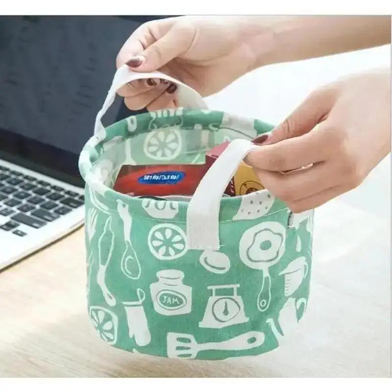 Household Fashion Cartoon Circular Cotton Linen Desktop Storage Box Sundry Storage Stationery Cosmetics Storage Basket Container