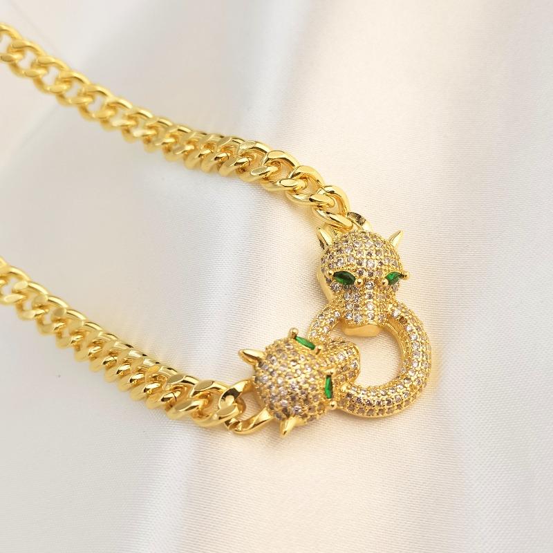 Meier Copper micro-paved zircon necklace, real gold electroplated exaggerated punk style double leopard head pendant necklace