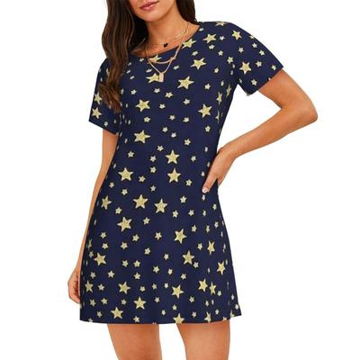 Vestido de Noche Azul Marino con Estampado de Cielo y Estrellas, Manga Corta, Para Dormir, Camisones para Mujer de Manga Corta, Vestido Pijama Holgado