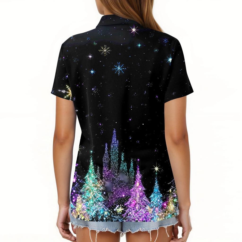 Dame Mote Casual Revers Kortermet Juleprint Skjorte Dame Kneppet Topper