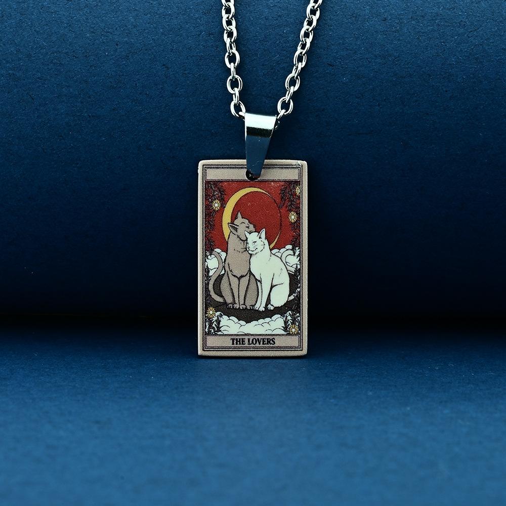 Stainless Steel Cat Tarot Card Necklace for Men Women Animal Divination Jewelry Accessory