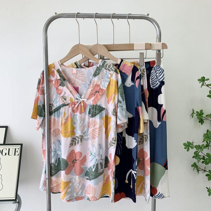 Women's Pajamas Nipple Coverage Summer Thin Cotton Short-Sleeved Cropped Pants Pullover Women's Home Clothes Two-piece Set Short-Sleeved