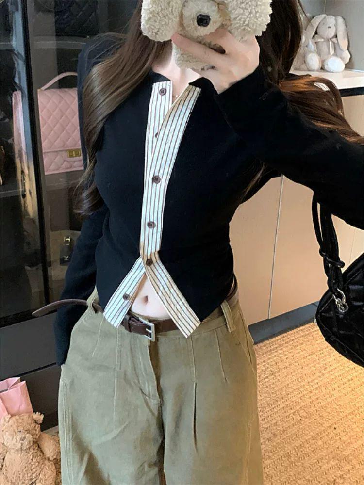 Women's Autumn-Winter Korean Style Retro Striped Cropped Button-Up Cardigan T-Shirt