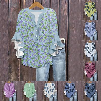 Women's Summer Tops V Neck Three-quarter Sleeves Floral Print Flowing Ruffle Sleeves Half-button Shirt