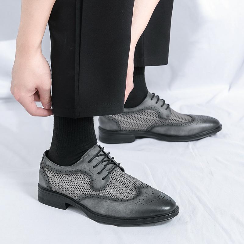 Fashion Men Classic Artificial Leather Oxfords Shoe Business Formal Lace Up Leather Dress Shoes Summer Fashion Breathable Men Mesh Shoes