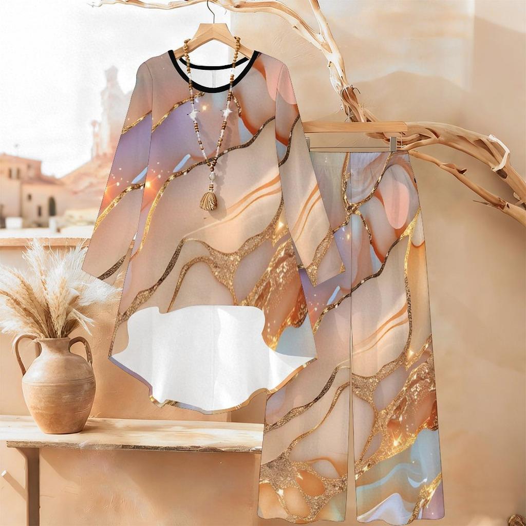 Ombre Print Two Piece Outfit Women Long Sleeve Irregular Hem Tunic Top Wide Leg Pants Casual Matching Set