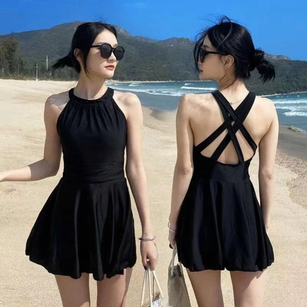 Pleated Backless Skirt Swimsuit Slim Fit Hot Spring Swimwear Sweet Hanging Neck Swimsuit Women
