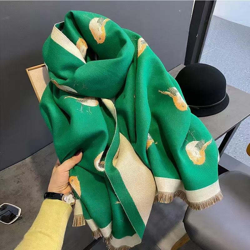 Women's Fall and Winter Faux Cashmere Cartoon Cozy Shawl Student Printing Warm Scarf