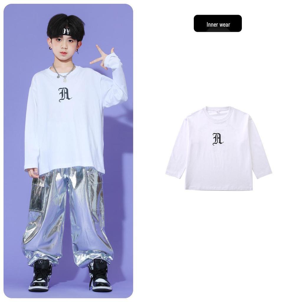 Children's Shiny Silver Leather Hip Hop Set for Stage Shows and Street Dance Performances.