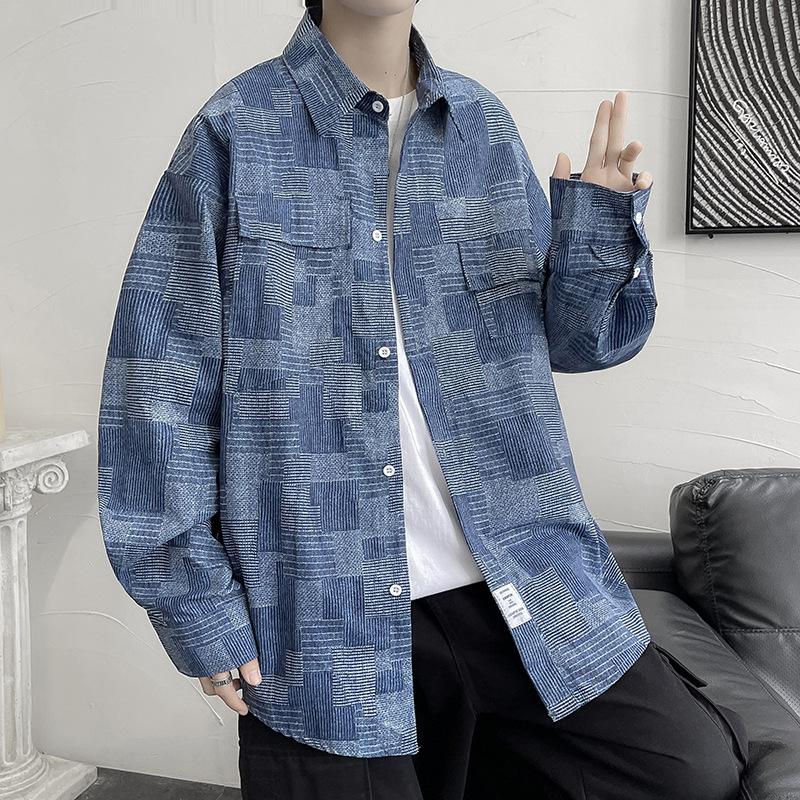 Denim Shirt with Geometric Pattern Oversized Long Sleeve Button Front Pocket Casual Top