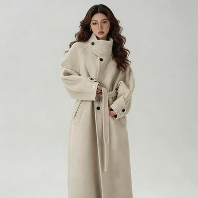 Women's Stand Collar Belted Long Wool Coat Solid Color Casual Outerwear