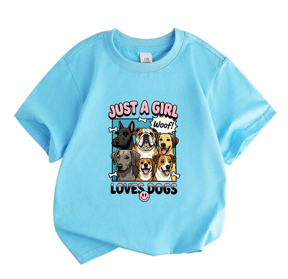 Kids Boys Girls 100% Cotton Crew Neck Short Sleeve T-Shirt, Just A Girl Loves Dogs Print Casual Cute Puppy Animal Pattern Comfortable Breathable Summe