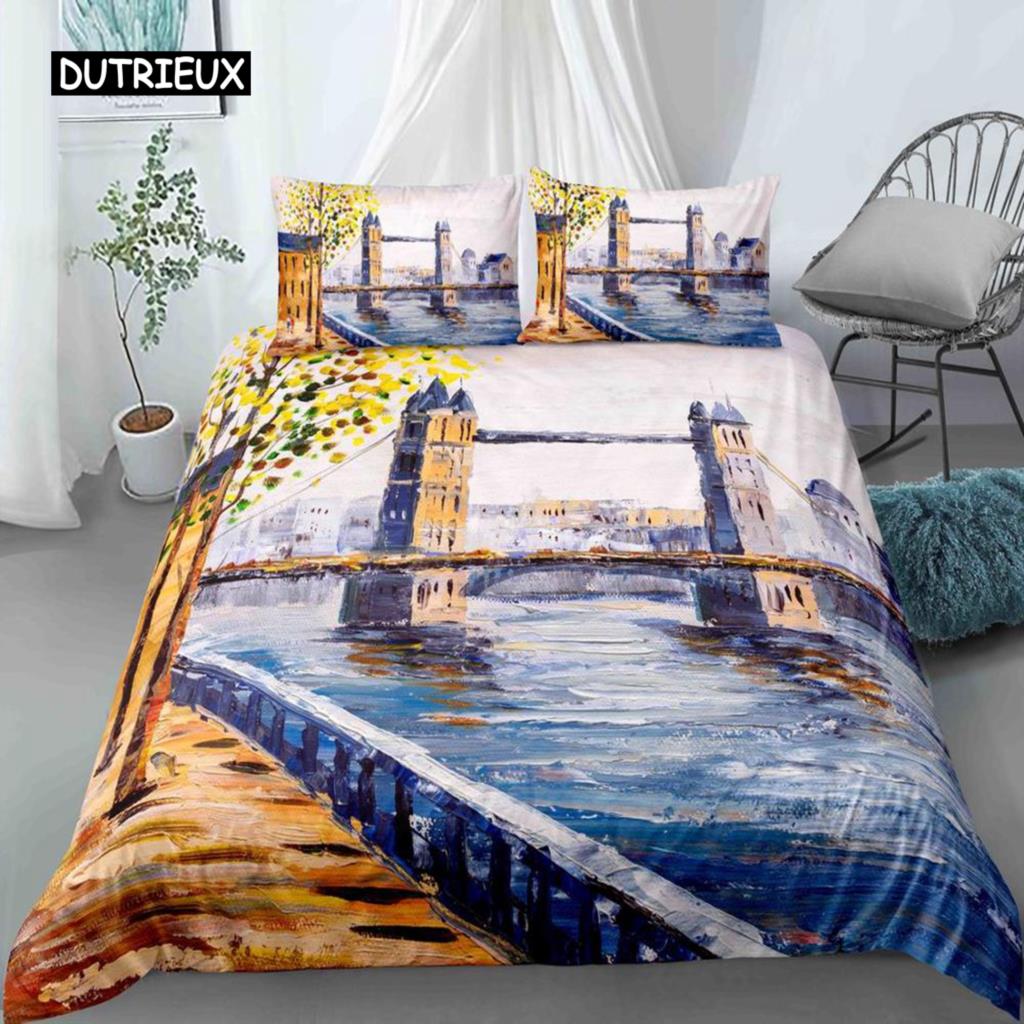 Oil Painting Landscape King Dimension Queen Size Bedspread Cover Natural Scenery Sleep Bedding Collection Teen Adult Floral Ocean Building Heavy-duty