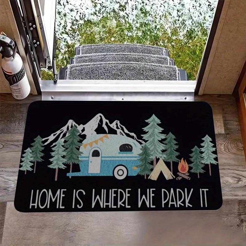 

Happy Campers Camping Themed Door Mat Stain Resistant Flannel Rug for Living Room Bedroom Kitchen Office Vacation Home Decor 50X80cm