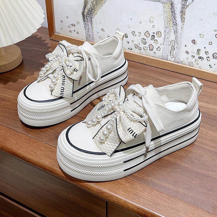 ins student versatile comfortable round head board shoes bow beaded platform canvas shoes white shoes 2025 new