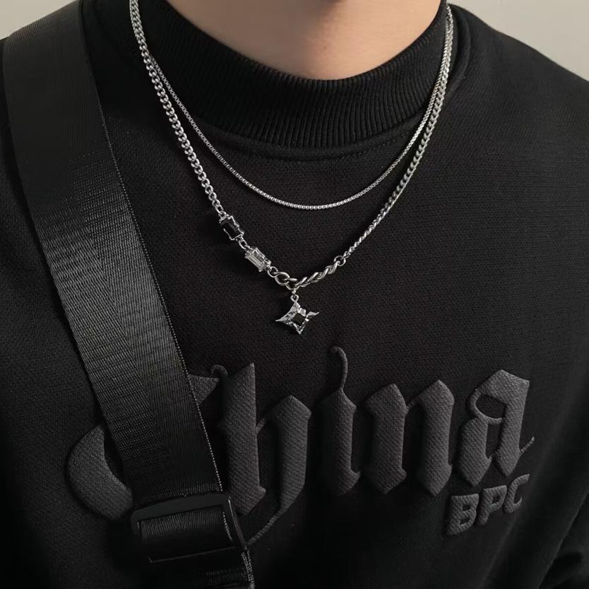Mangxing double-layer necklace trendy men's sweater chain light luxury niche design hip-hop style couple boys female collarbone chain