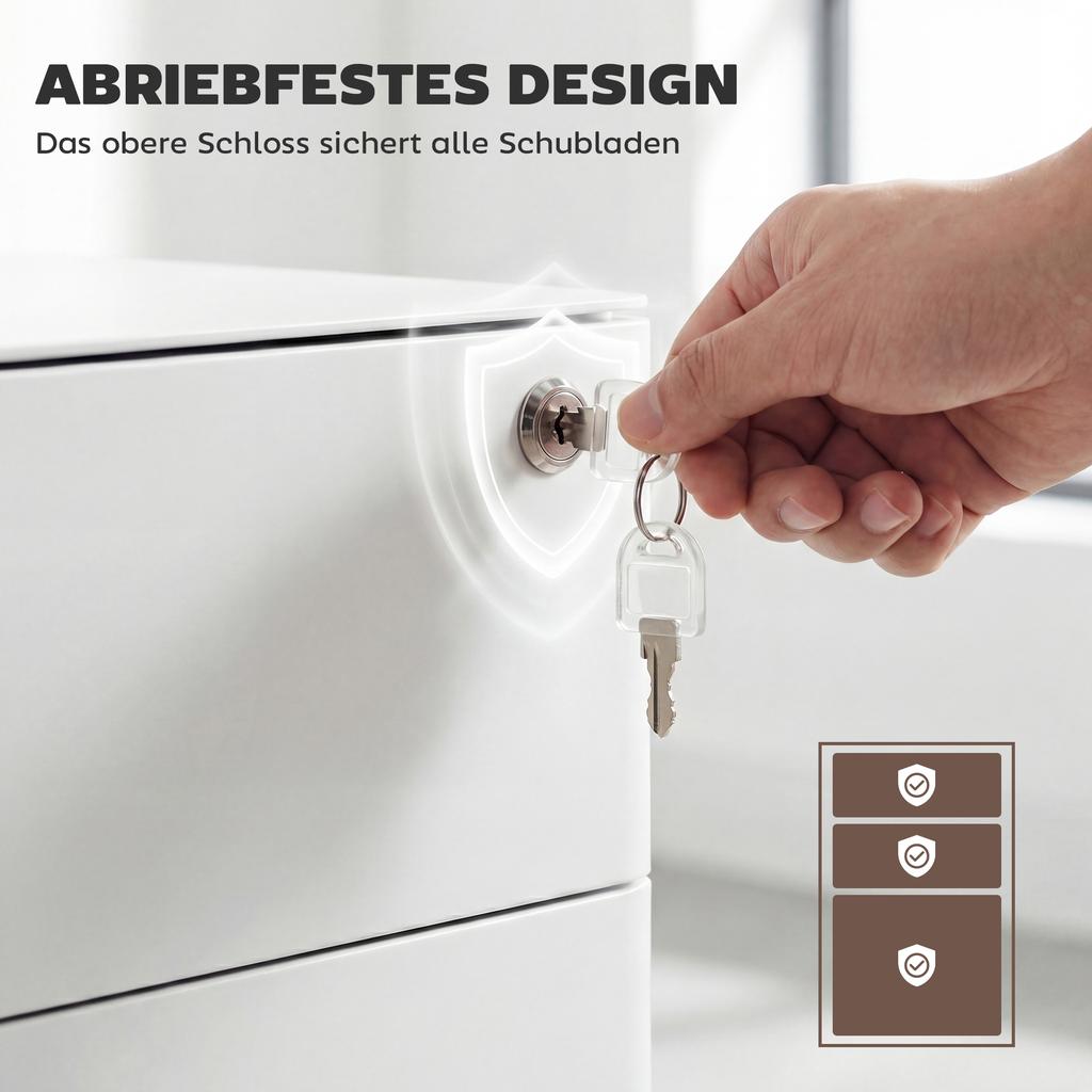 Lockable Cabinet, Rolling Filing Cabinet with 3 Drawers, Steel Office Drawer Unit for A4, Letter, Legal Sized Files