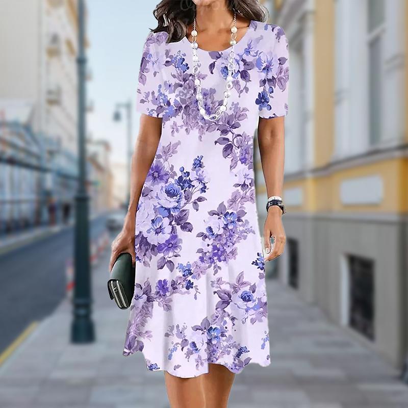 Móda Dámské Volný květinový potisk O Výstřih Krátký rukáv Listy Potisk Volné Streetwear Šaty do A