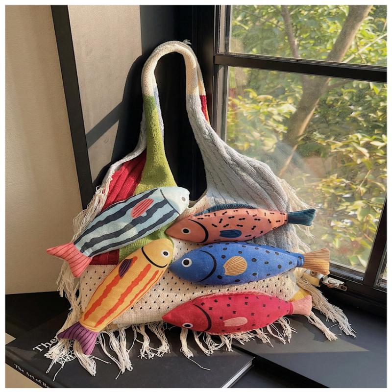 1 Pezzo Borsa a Shopper con Tagli a Contrasto Pesciolino Carino Borsa Lavorata a Maglia Rilassata Estiva Versatile per Pendolari Borsa a Spalla