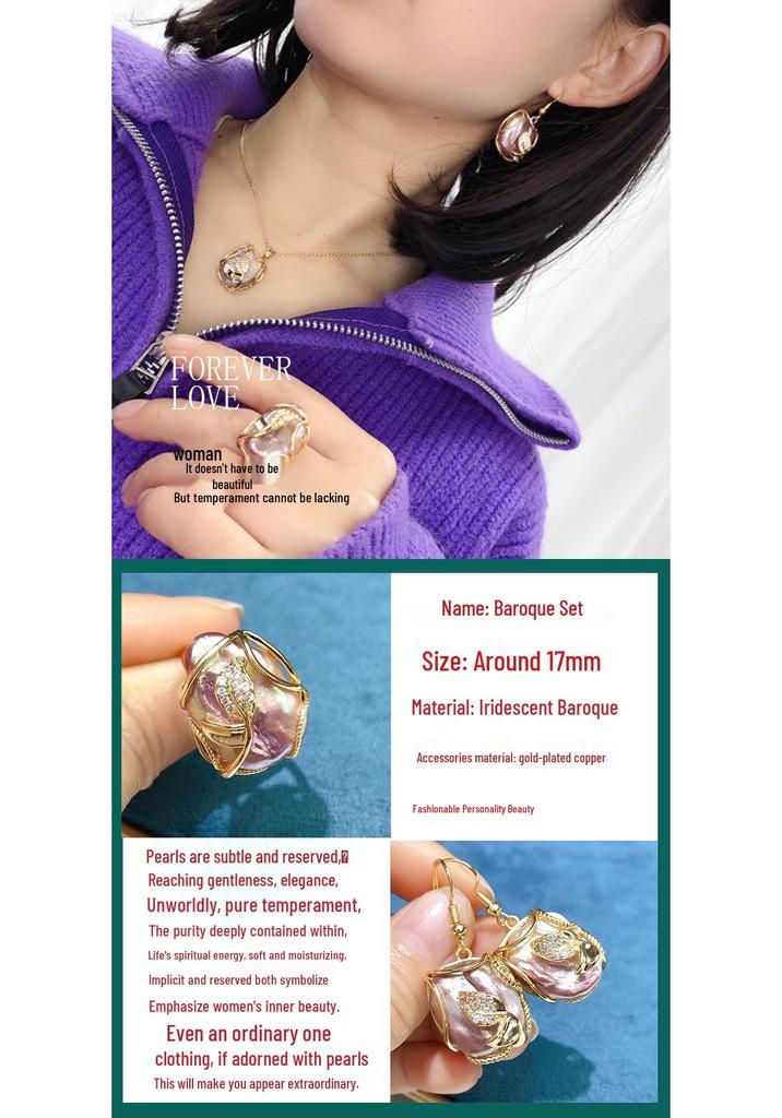 Baroque Freshwater Pearl Necklace, Ring & Earrings Set - Women's Jewelry 3-Piece Collection (bt341)
