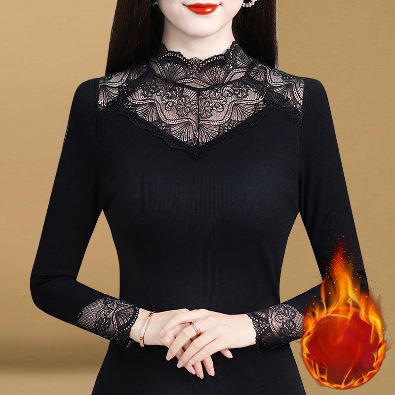 High-neck Lace Base Shirt for Women with New Black T-shirt Plus Velvet Thickened Long-sleeved Mesh Top