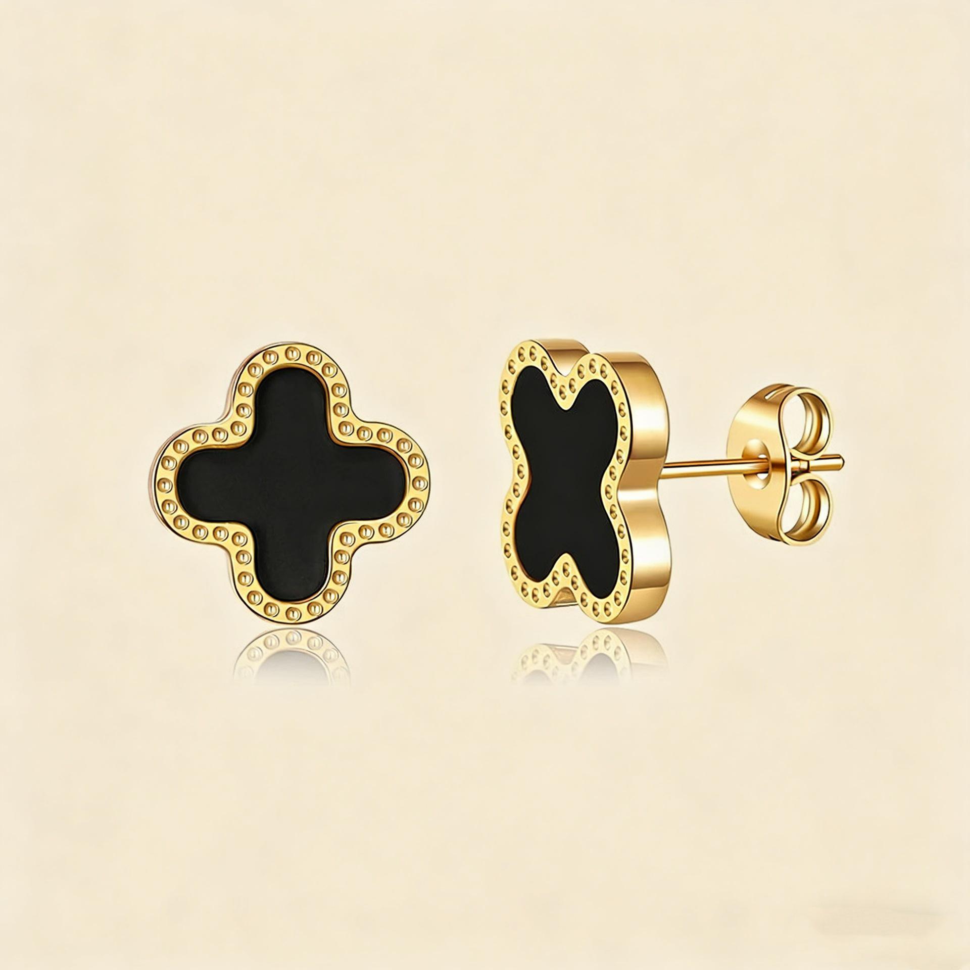 Titanstahl Vierblättriges Kleeblatt Perlmutt Schmuckset: Halskette, Armband & Ohrringe - Damenmode Einfaches Luxusdesign. black