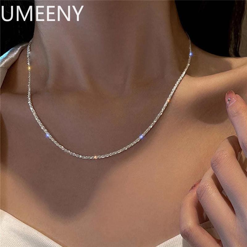 New S925 Sterling Silver Necklace 2mm Sparkling Collarbone, Sweater Chain, High Charm Zircon Gift Women