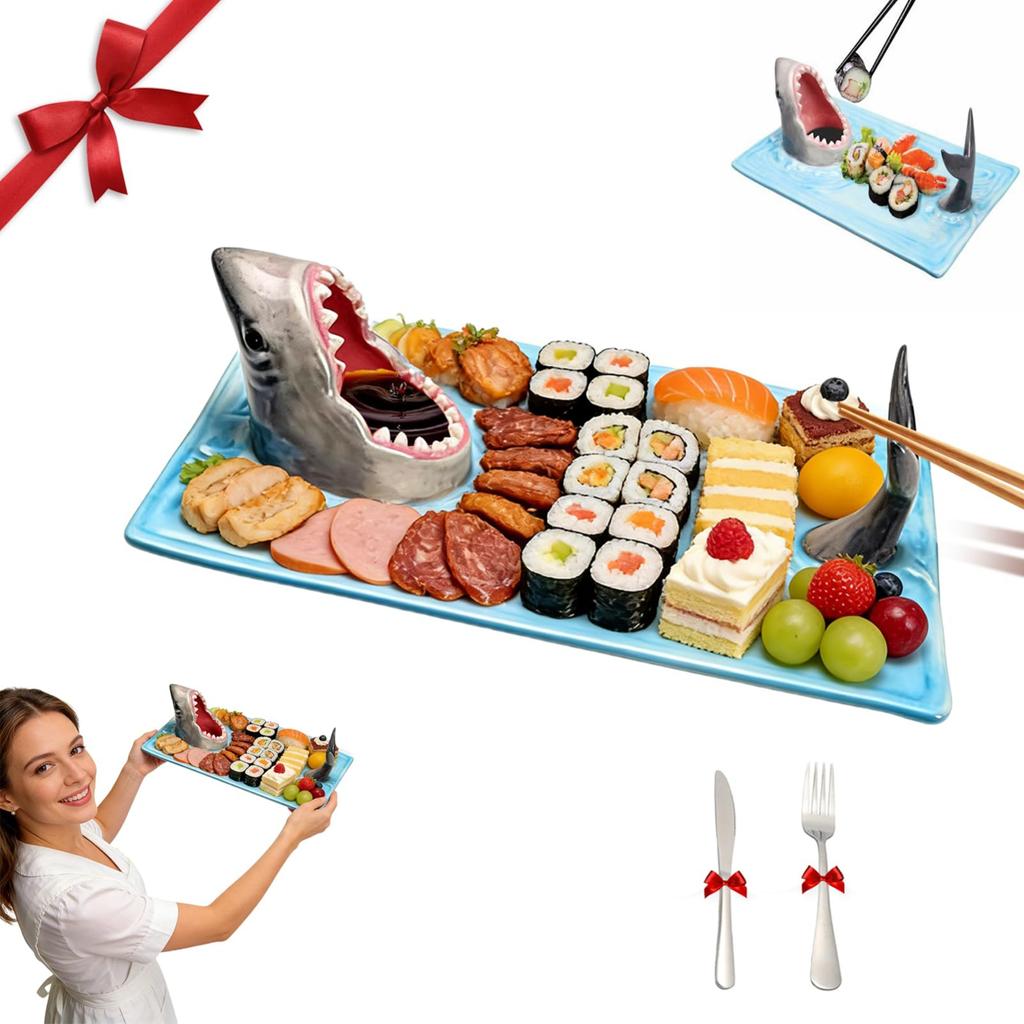 Geformte Charcuterie-Platte, 3-in-1 Sushi-Platte mit Gemüse-Servierbereich, Schale und Stäbchenablage, Keramik-Spaß-Sushi-Platte