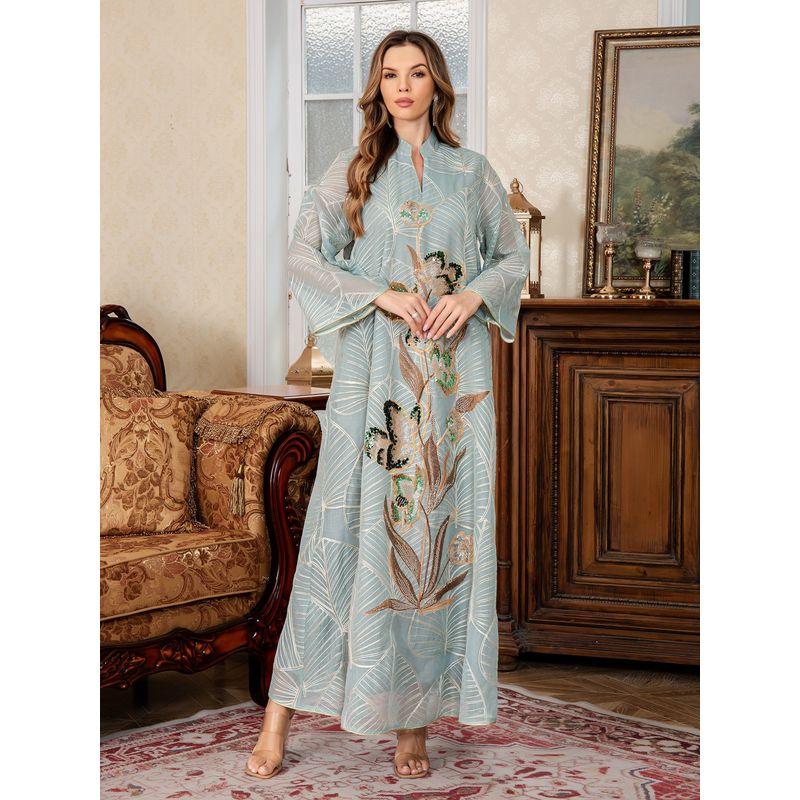 

Новая одежда для женщин Ближнего Востока Халат Элегантная вышивка Кружево Пайетки Дубайский комбинезон Длинное платье Арабское платье Платье Green XL