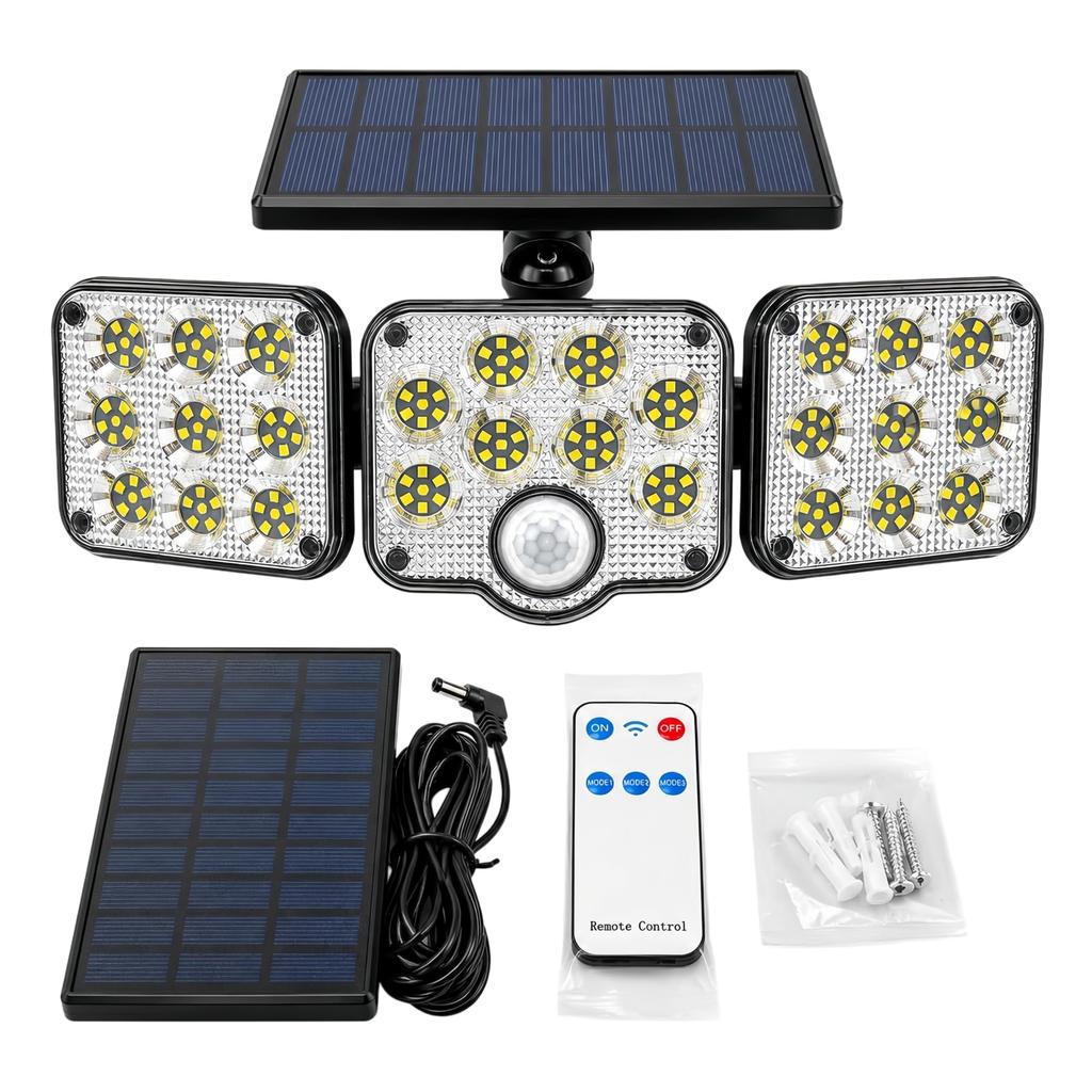 Solar Sensor Light, Outdoor, Separate Type, 3-Light, 138 LEDs, Motion Sensor, Remote Control, IP65 Waterproof, 1200LM High Brightness, 5m Cord,