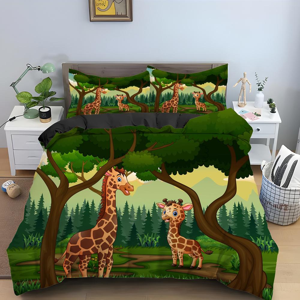 Cartoon Giraffe King Queen Duvet Cover Kids Girls Boys Animal Bedding Set Wildlife Quilt Cover 2/3pcs Polyester Comforter Cover