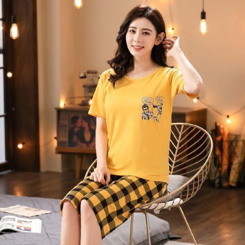 Damen Frühling und Sommer Neue Kurzarm Sieben Hosen Pyjamas Homewear Set Mädchen Einfache Koreanische Cartoon Lose Homewear Sommer