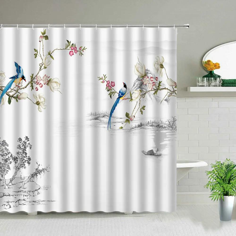 Závěs do sprchy Bambusová krajina Tušová malba v čínském stylu Květina Pták Scenérie Koupelnový Vodotěsný Látkový Koupelnový závěs s háčky