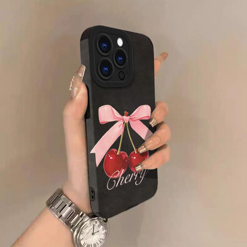 Cherries Lambskin Leather Phone Case For iPhone 17 Pro Max Air 16 15 14 13 12 11 Pro Max Plus X XS MAX XR Hard Back Cover