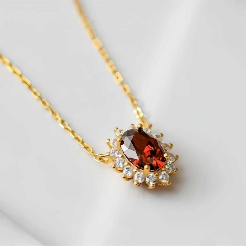 18K Gold Plated Sterling Silver Garnet Red Ruby Necklace for Women - Retro Fashion Clavicle Chain