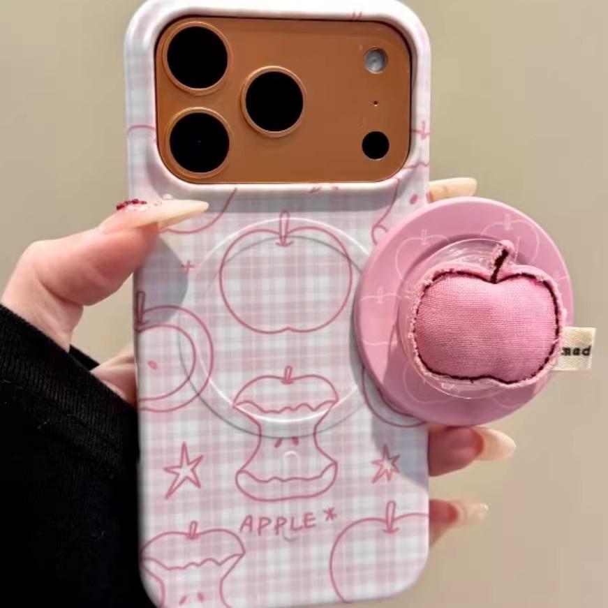 Korean Pink Apple Fabric Magnetic Phone Stand - Strong MagSafe Compatible for Desktop Use
