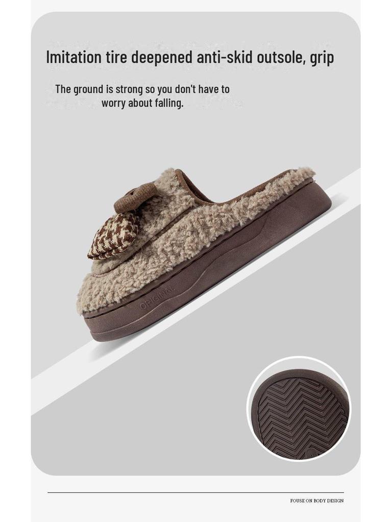 Bomullstofflor med rosett för kvinnor, tjock sula, varma sandaler för inomhus-/utomhusbruk, höst/vinter 2024