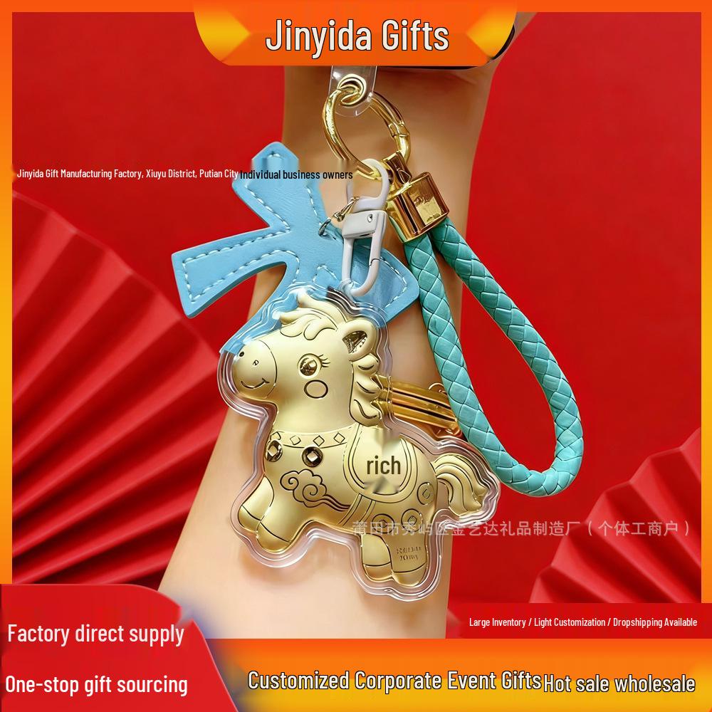 Year of the Horse 999 Pure Gold Keychain with Rich Horse Leather Lanyard Charm Gold Foil