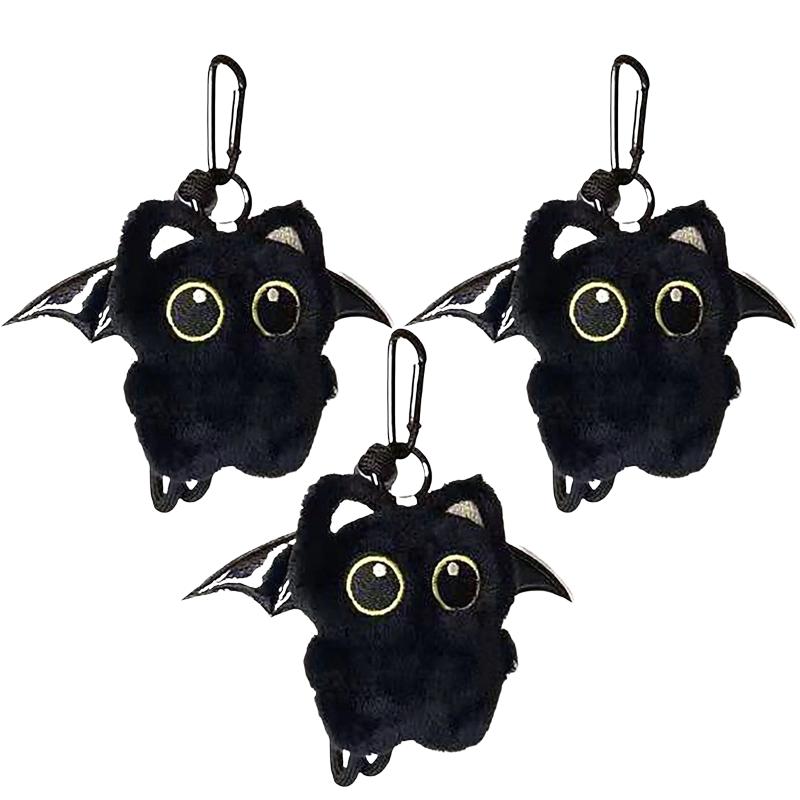 Cute Ghost Wing Black Cat Plush Keychain Kawaii Plushie Animal Stuffed Pendant Big-eyed Punk Bag Accessories Backpack Ornament