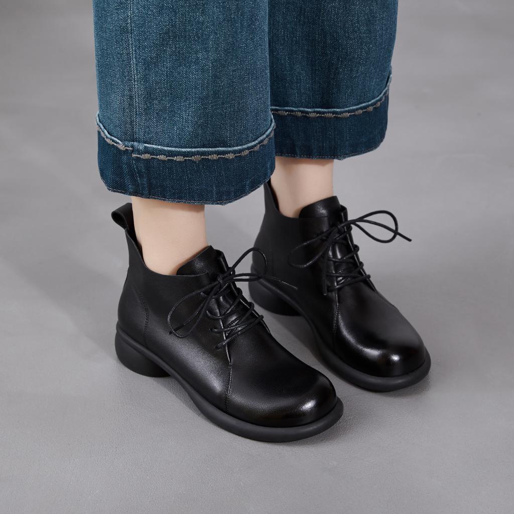 Leather Boots Women's Martin Boots 2026 Spring and Autumn New Thick and Comfortable Bare Boots Short Lace-up Single Boots