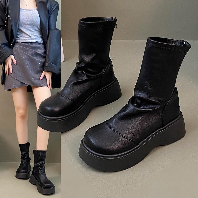 Fashion 2026Chunky Elastic Slim Woman Ankle Boots Fashion Platform Flats Shoes Female Cosy Soft Leather Mordern Short Booties