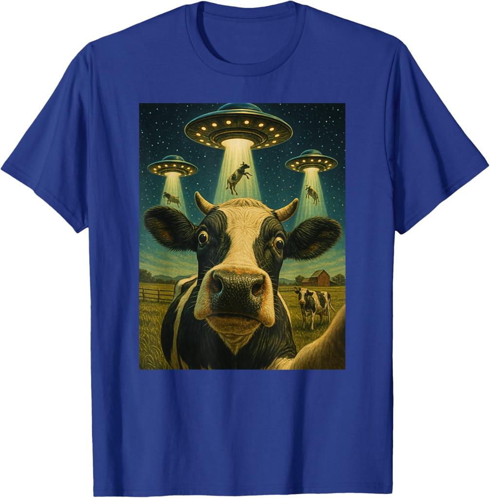 Funny Cow Abduction Selfie UFO Alien Graphic Tee T-Shirt Casual Daily Wear