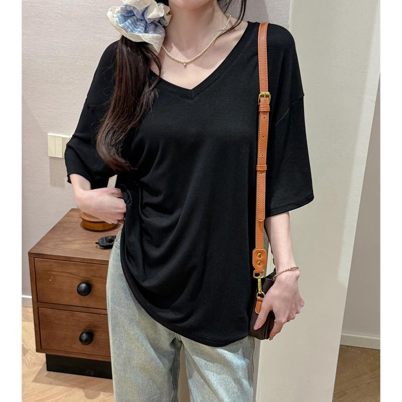 

Spot European large version loose basic short-sleeved t-shirt women s summer shoulder 2026V neck top modal s (suitable for weight 35-47.5kg )